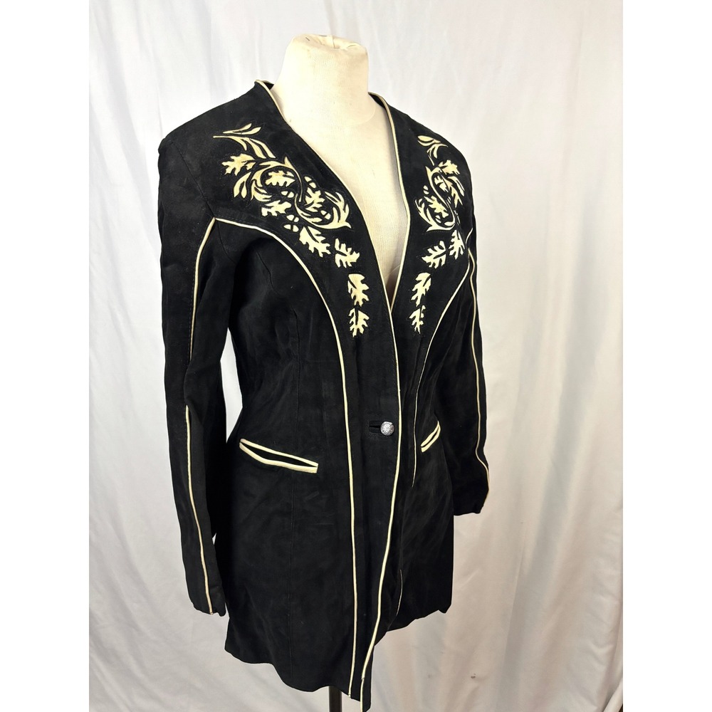 Handmade Suede Jacket Black Western Applique Tailored Vintage OOAK - Picture 5 of 16